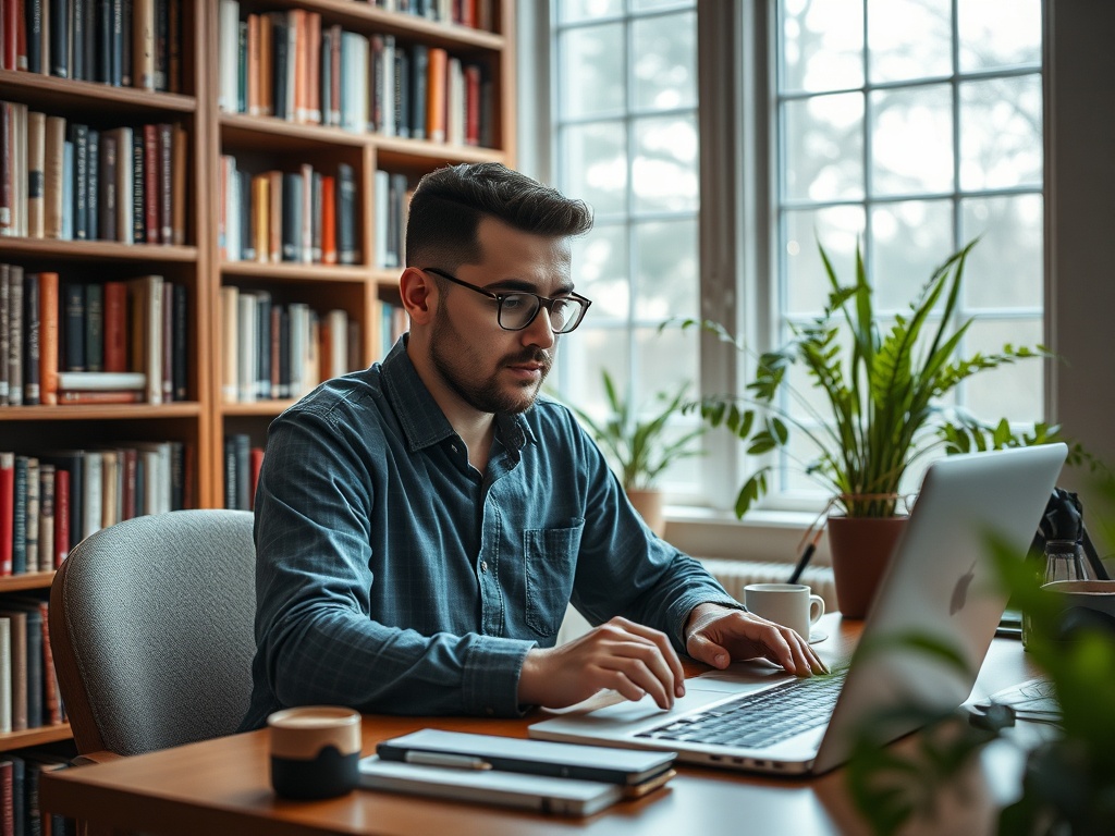 Молодой человек сидит за столом, работает на ноутбуке в библиотеке с полками книг и растениями.