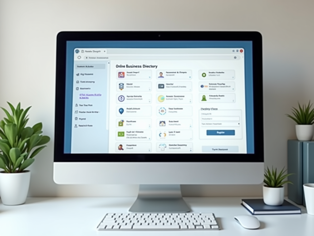 Компьютер на столе с экраном, показывающим онлайн-директорию бизнеса и элементы навигации на сайте.