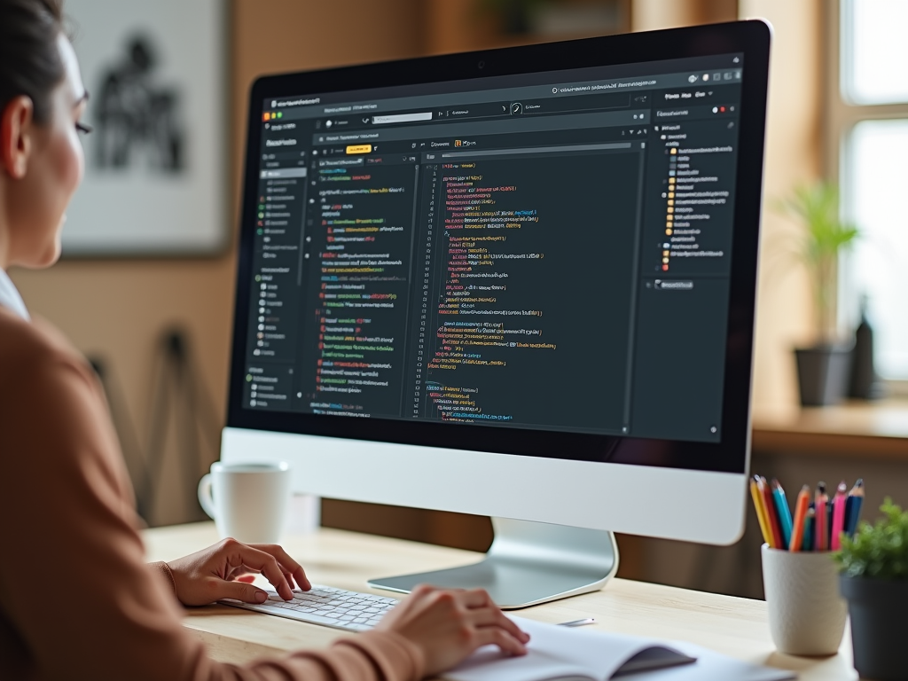 Женщина за компьютером, работающая с кодом на экране, в уютном офисе с растениями на столе.