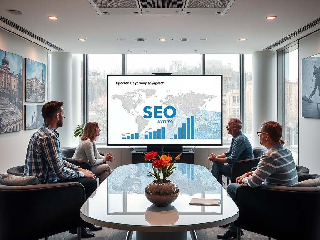 На экране диаграмма по SEO. Четыре человека обсуждают в современном офисе у окна.