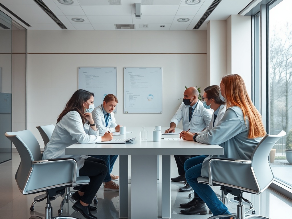 Группа медицинских специалистов в масках проводит совещание в современном офисе.