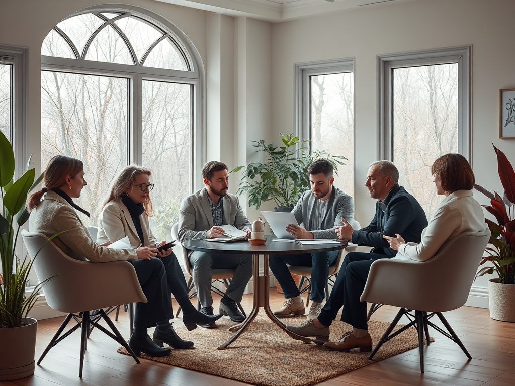 Шестеро людей обсуждают деловые вопросы за круглым столом в светлом офисе с окнами.