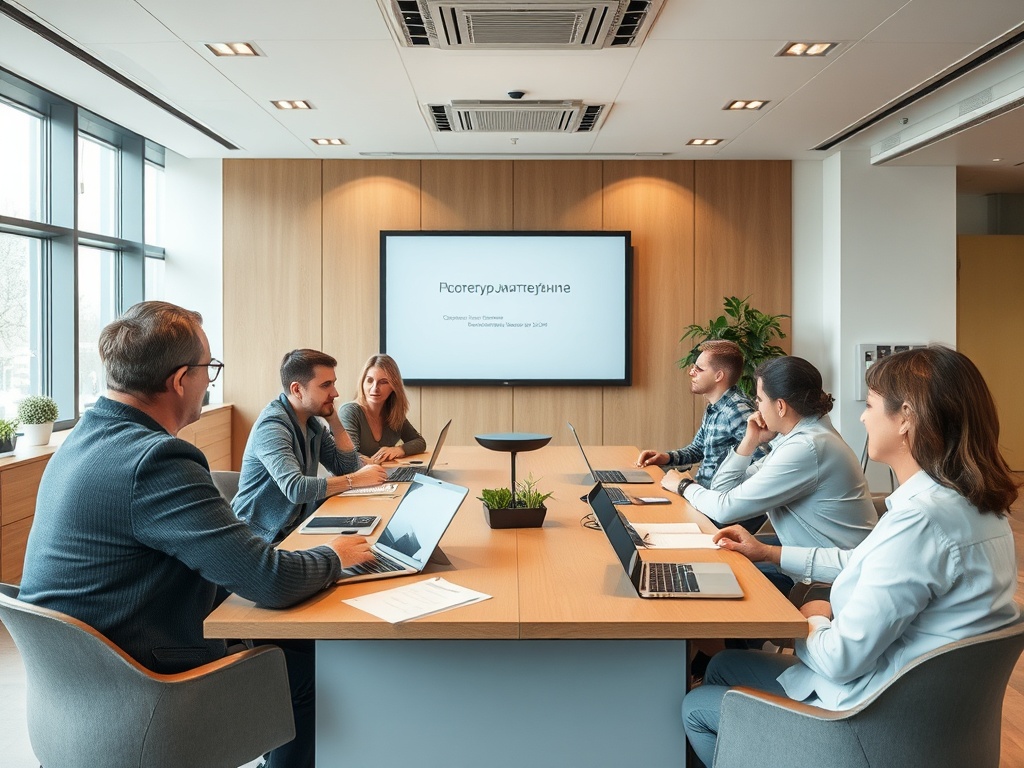 Группа людей обсуждает проект на встрече в современном офисе, презентация на экране.