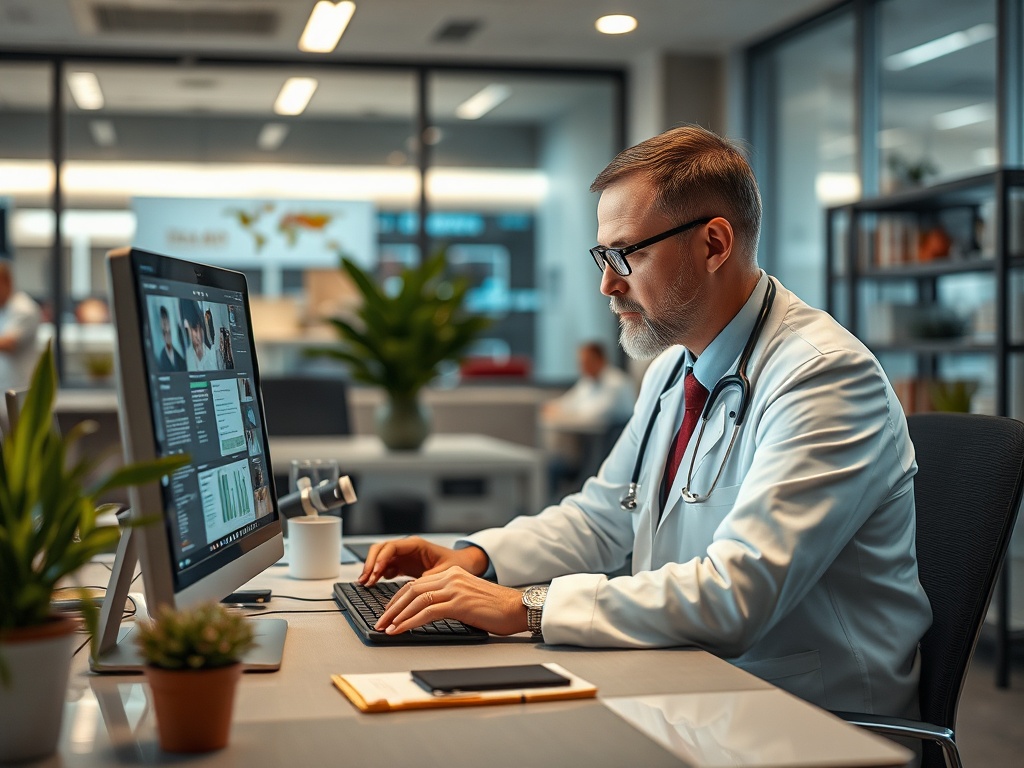 Врач в белом халате работает за компьютером в современном офисе, анализируя данные на экране.