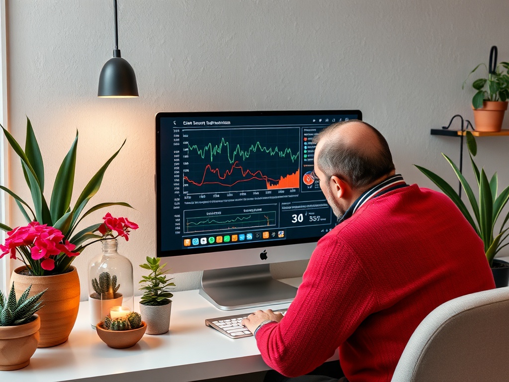 Человек в красном свитере работает за компьютером с графиками и растениями на столе.